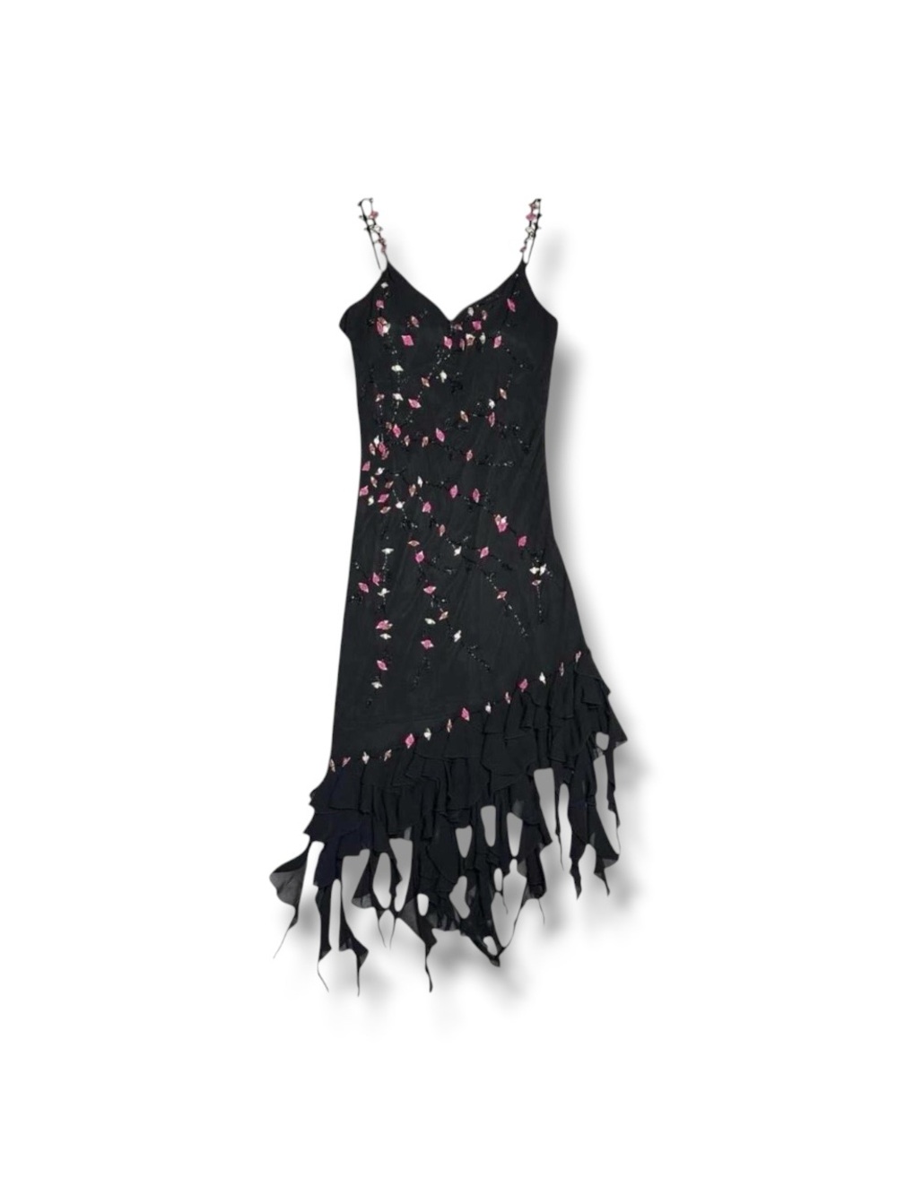 Cache Vintage Y2K Beaded Silk Asymmetrical Ruffle Fairy Dress 12 Midi Homecoming